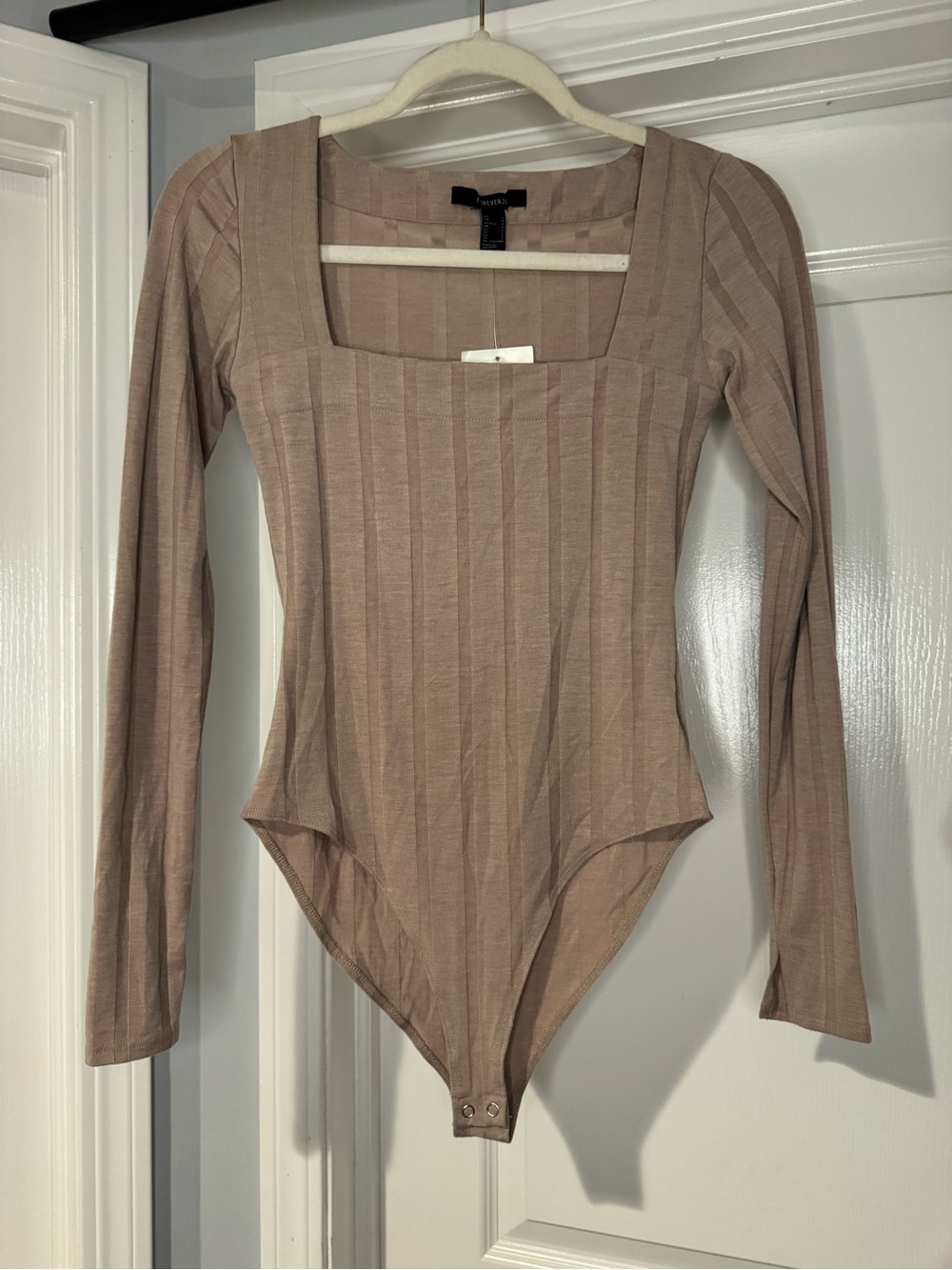 Forever 21 Taupe Ribbed Square-Neck Long Sleeve Bodysuit
